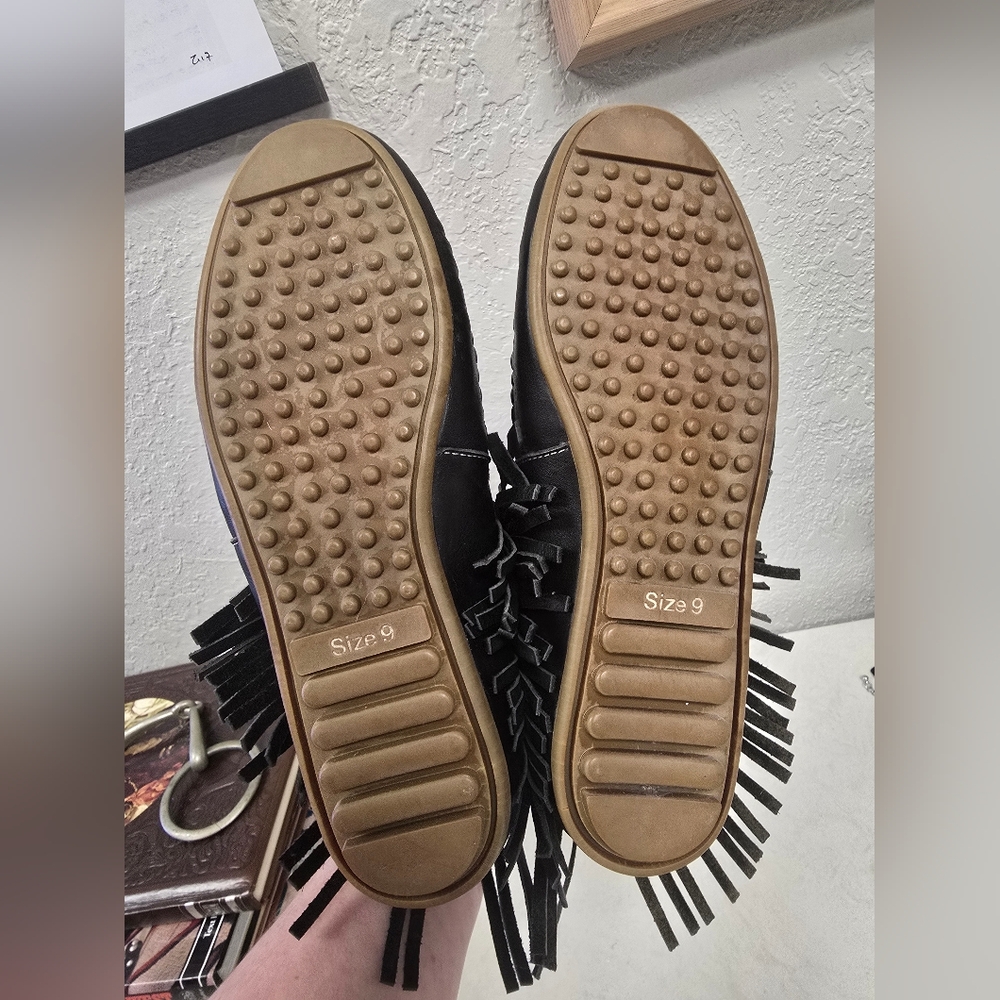 L&B Lucky & Blessed Slip On Moccisan Leather Fringe with Leopard cowhide Size 9 - Picture 7 of 7